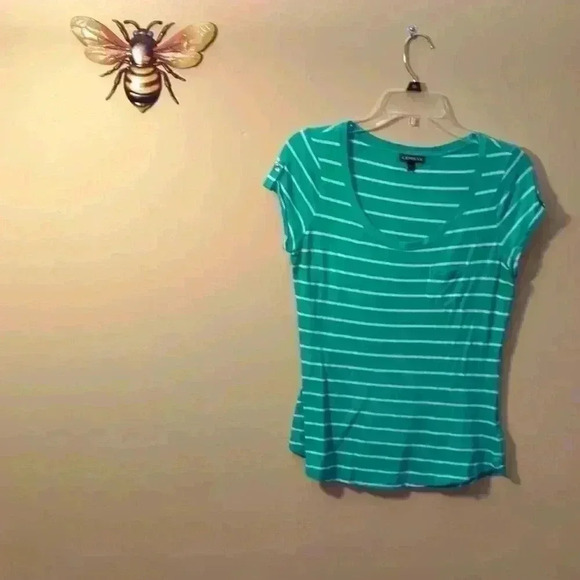 Express Tops - Express, medium, green/ white striped shirt